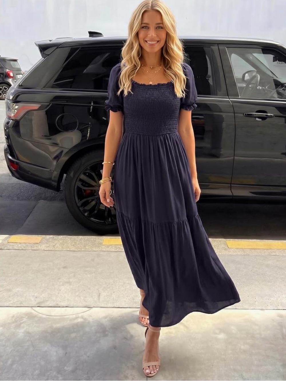 Smocked Short-Sleeve Navy Tiered Maxi Dress